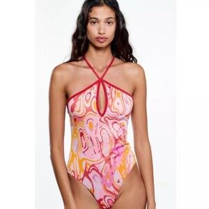 Zara Womens adjustable strap bodysuit Size L Swirly Pink Summer Chic